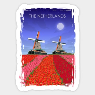 The Netherlands Vintage Minimal Retro Windmills Tulips Travel Poster Sticker